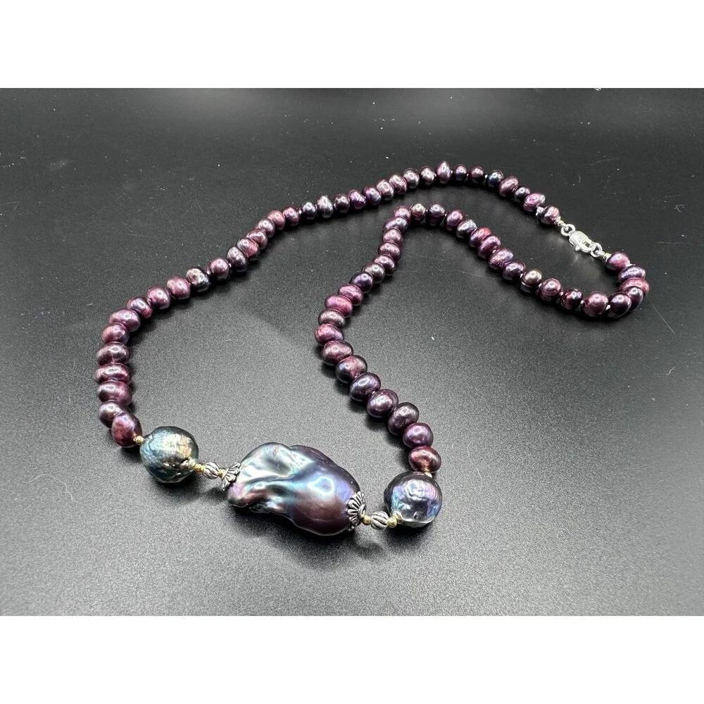 Baroque purple pearl necklace 925 sterling silver bi metal gold and silver jewel